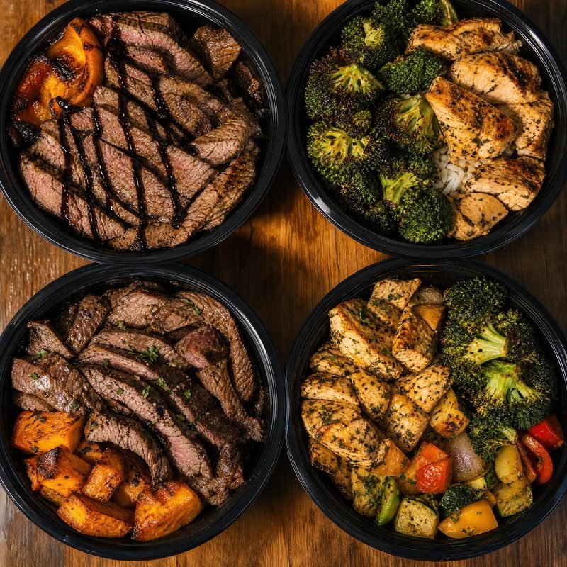 Custom Protein Bowls with steak, chicken, and roasted vegetables