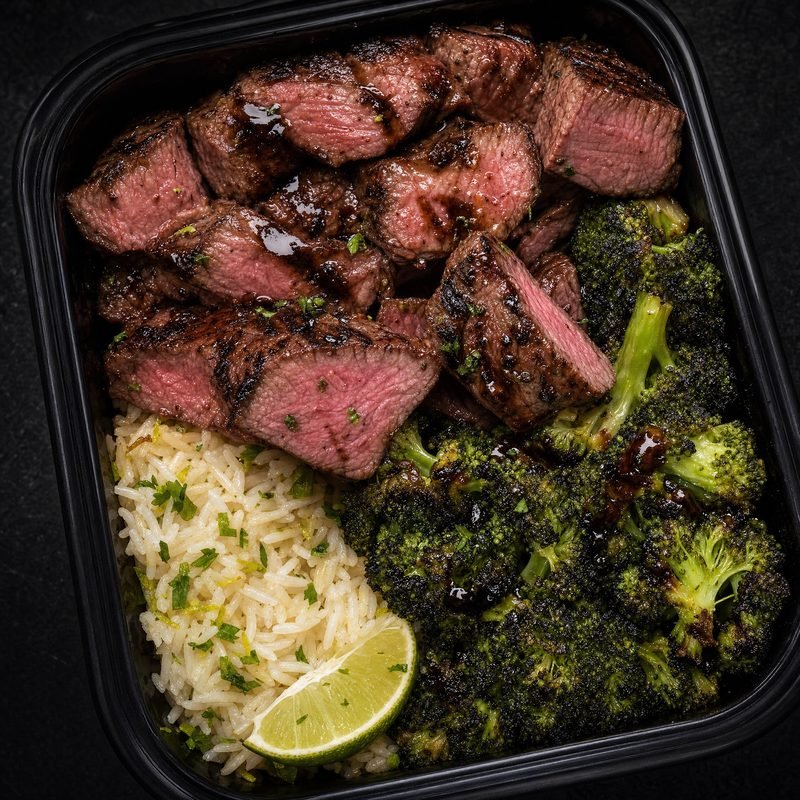 Filet Beef and Broccoli Bistro Bowl with jasmine lime rice and balsamic drizzle