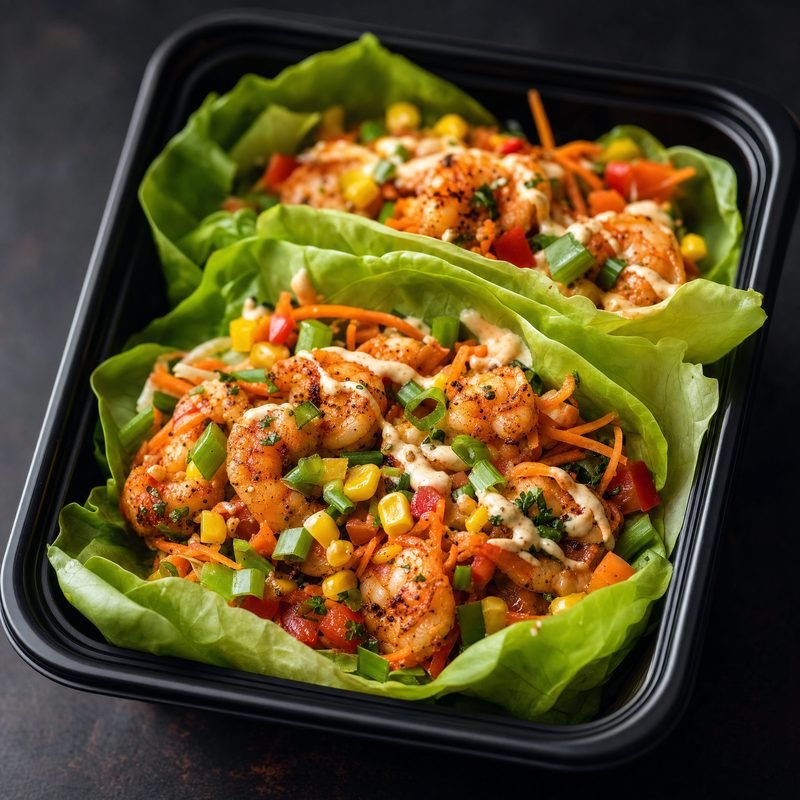 Shrimp and Lettuce-Wrap Bowls with fresh vegetables and bright sauces