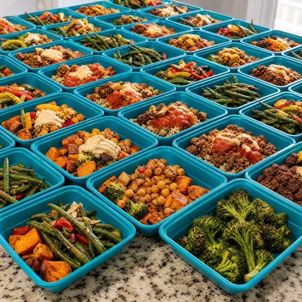 Colorful meal prep containers with variety of healthy meals