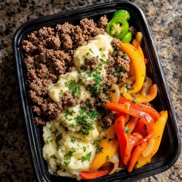 Ground beef with mashed potatoes and roasted peppers