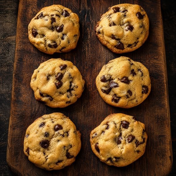 Artisan chocolate chip cookies on wooden board