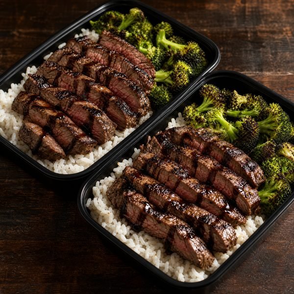 Two steak and broccoli meal prep containers
