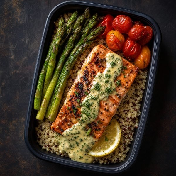 Grilled salmon with quinoa and asparagus