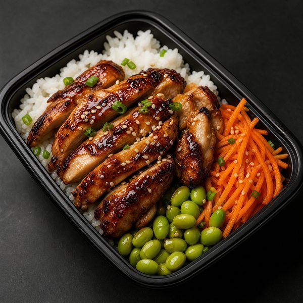 Chicken teriyaki bowl with rice and edamame