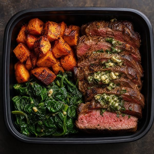 Steak with sweet potatoes and sauteed spinach