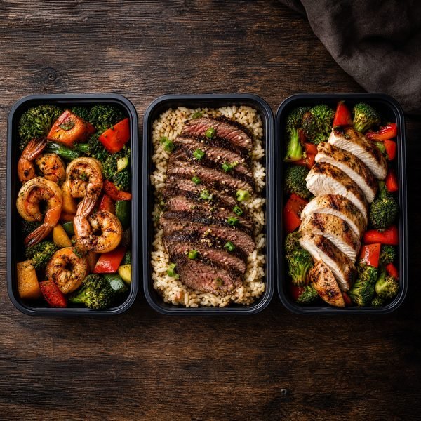 Three meal prep containers with shrimp, steak, and chicken